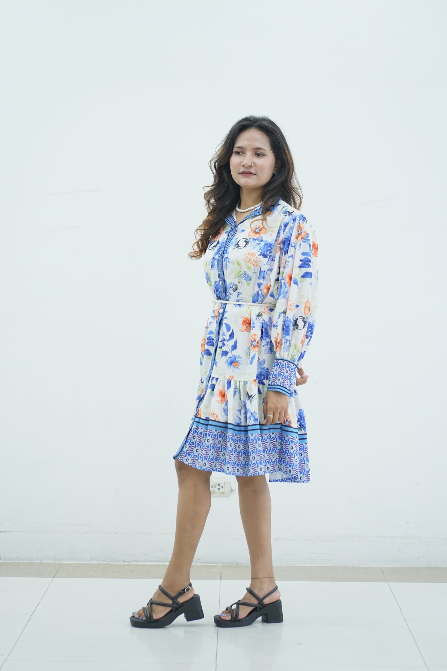 Floral Print Mini Dress w Mandarin Collar