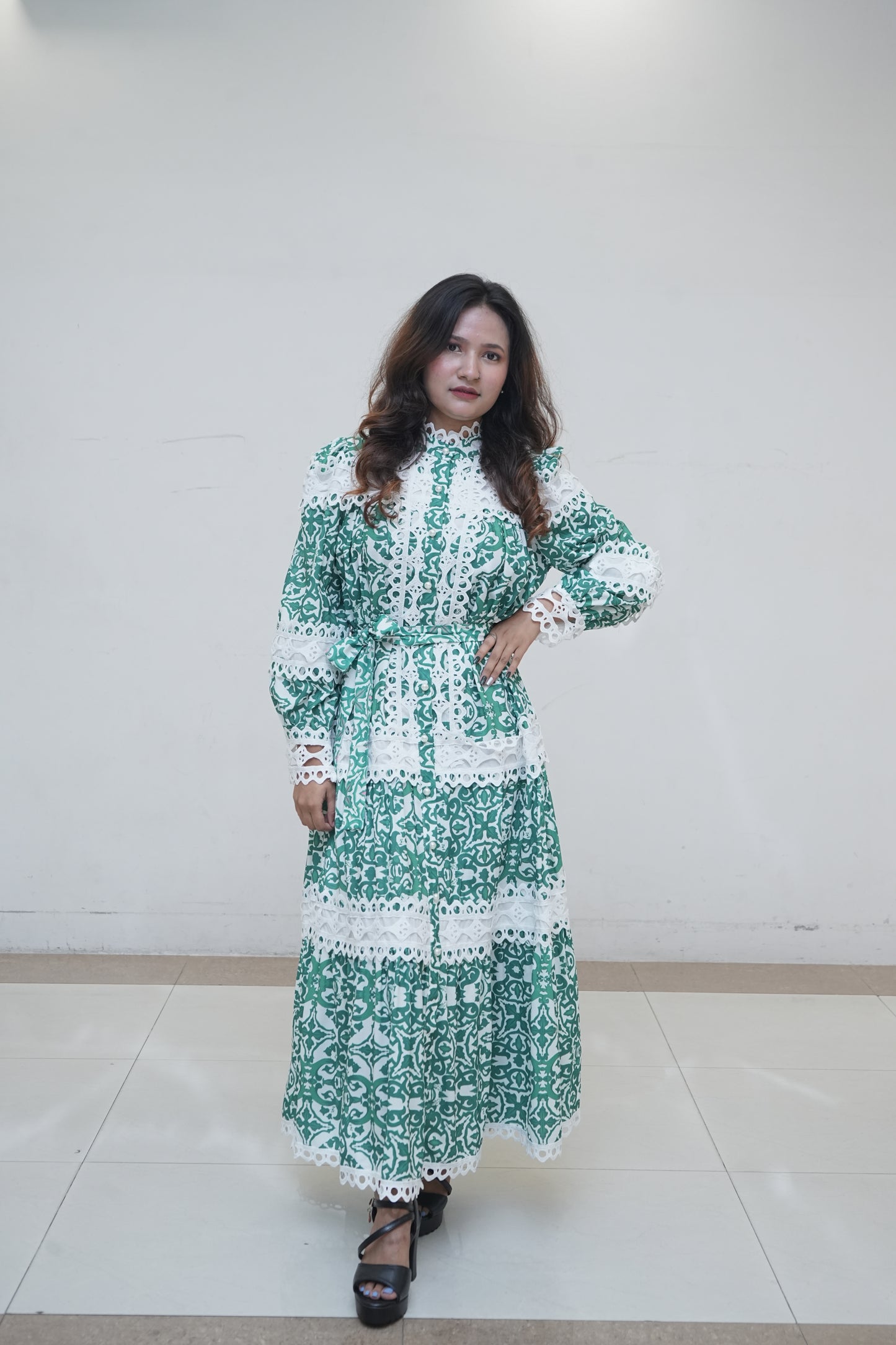 Beautiful Green & White Maxi Dress