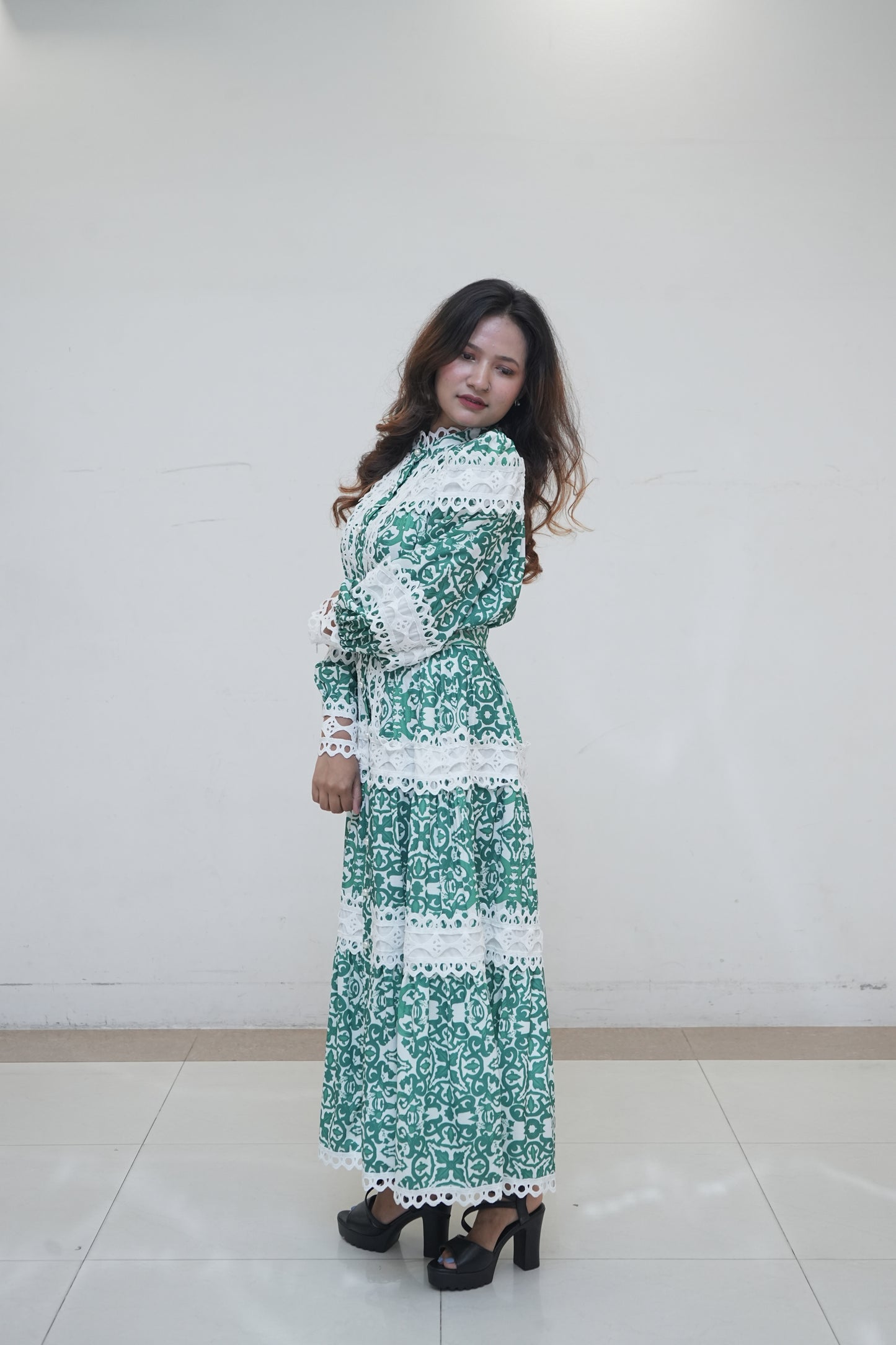 Beautiful Green & White Maxi Dress