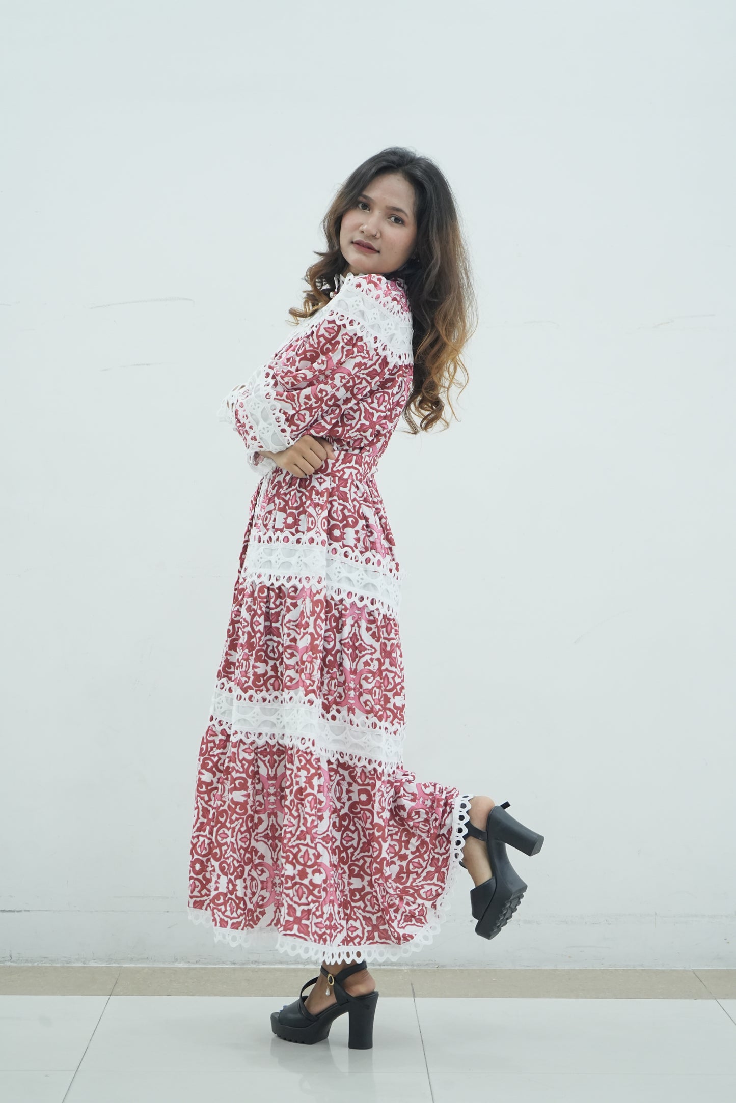 Red Maxi Long Dress w Delicate Lace Trim