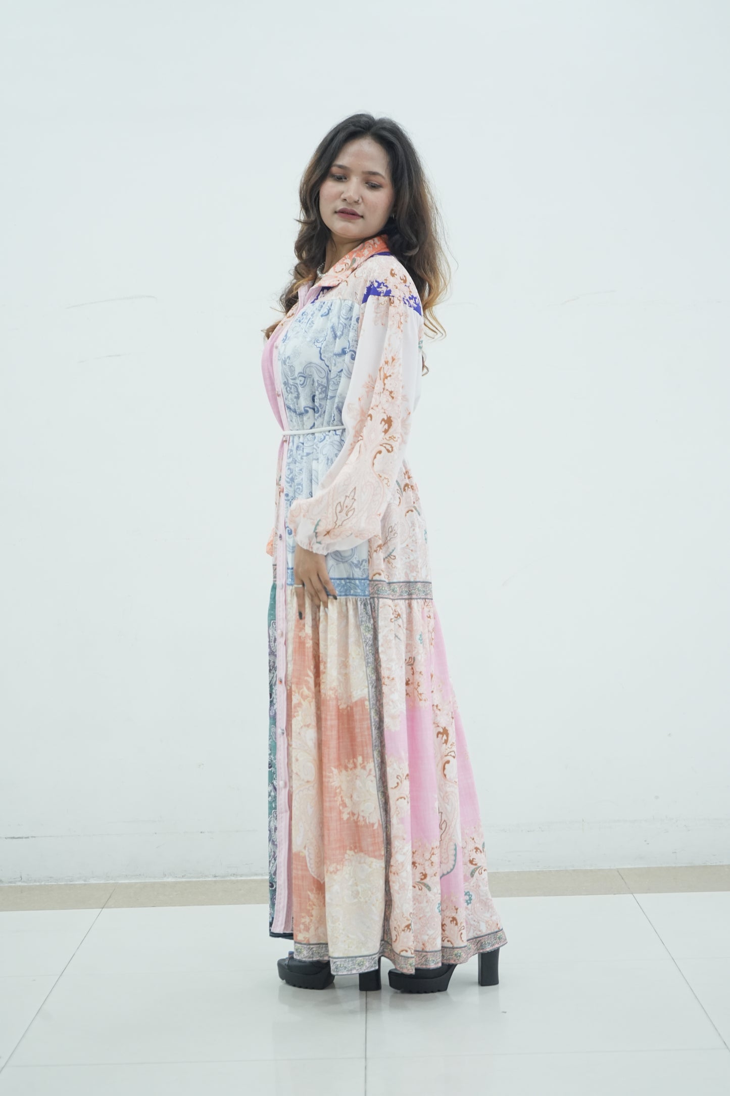 Elegant Floral Printed Lantern Sleeve Long Dress