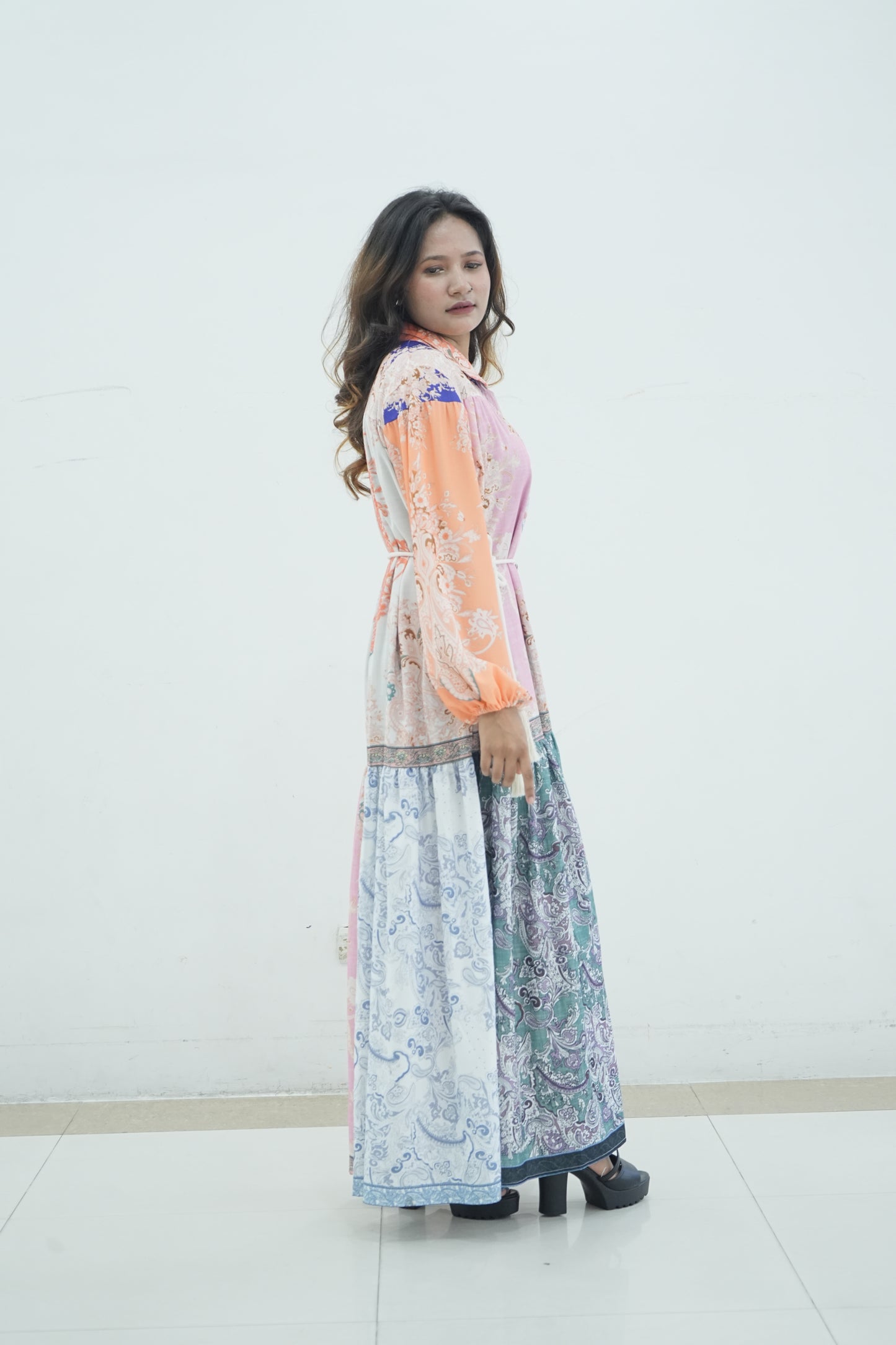 Elegant Floral Printed Lantern Sleeve Long Dress