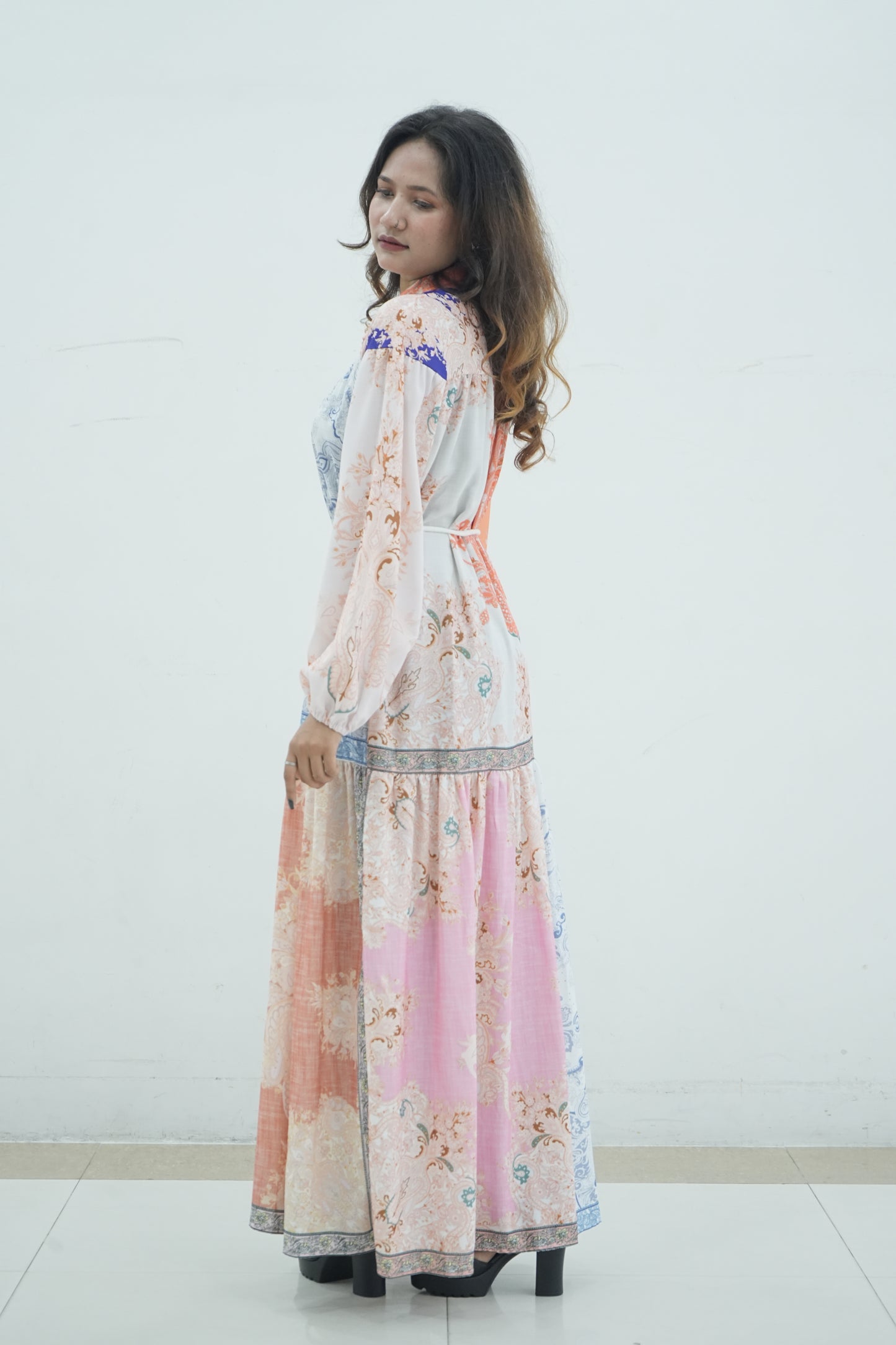 Elegant Floral Printed Lantern Sleeve Long Dress