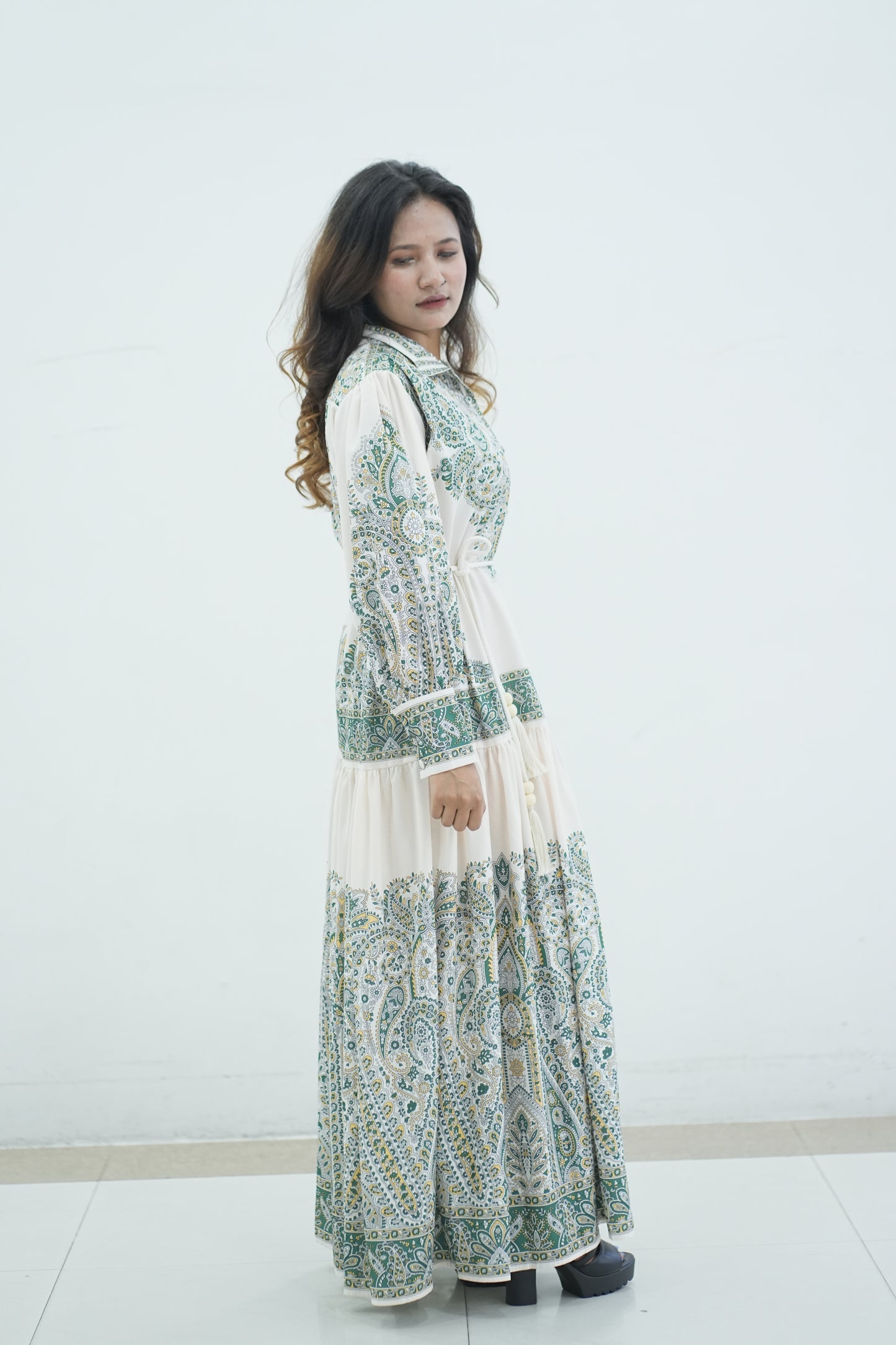 Elegant Floral Printed Lantern Sleeve Long Dress