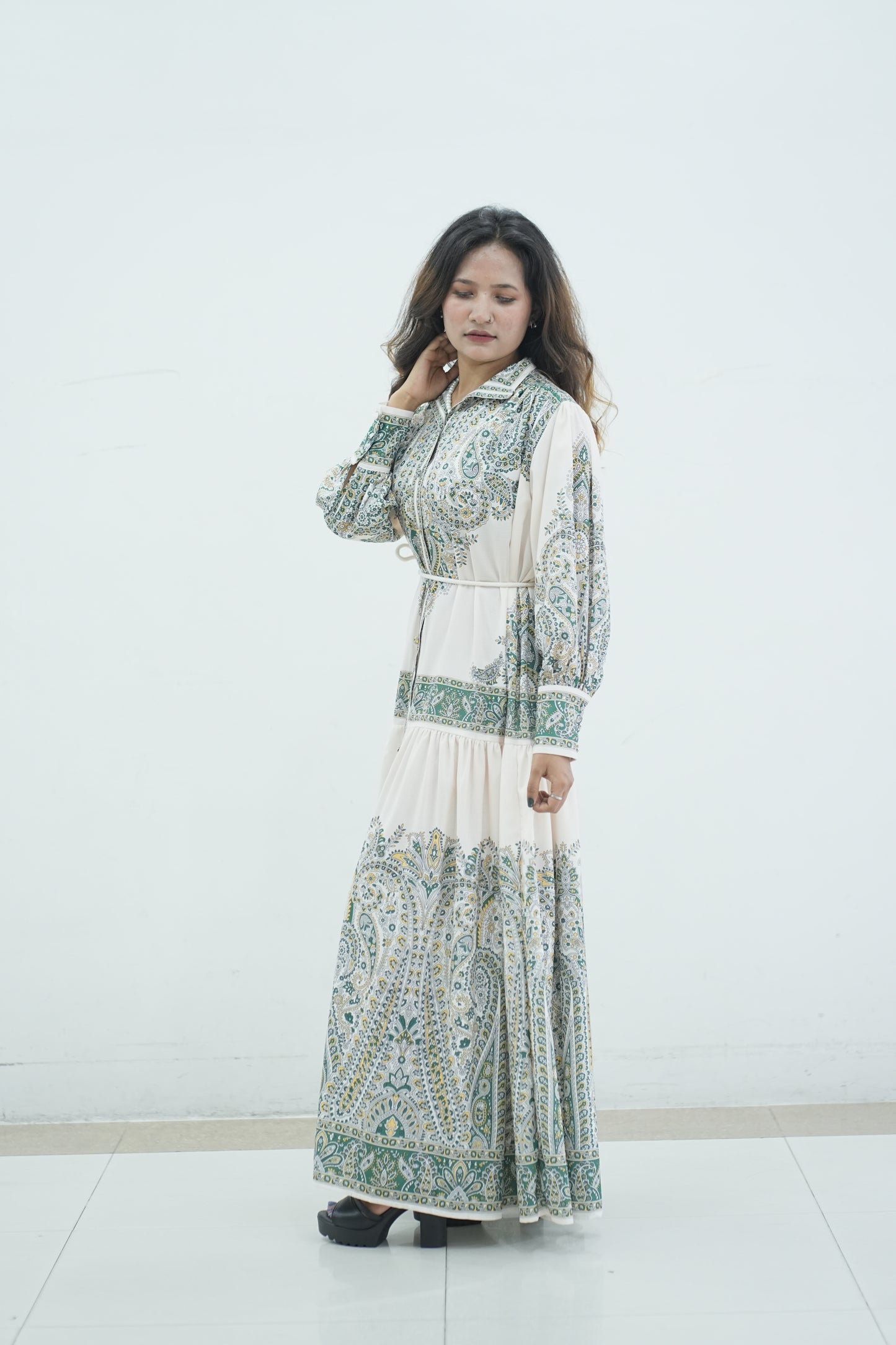 Elegant Floral Printed Lantern Sleeve Long Dress