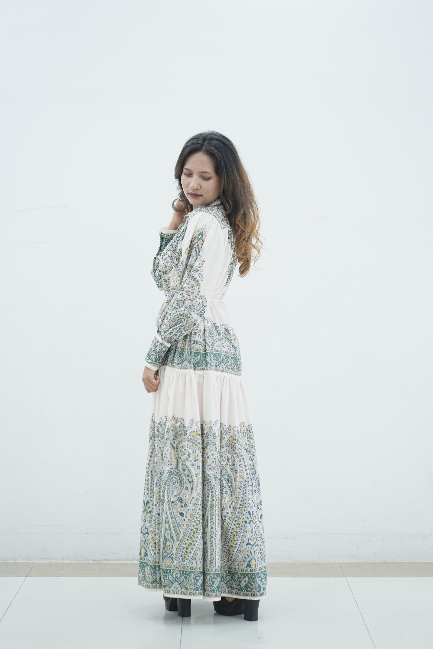 Elegant Floral Printed Lantern Sleeve Long Dress