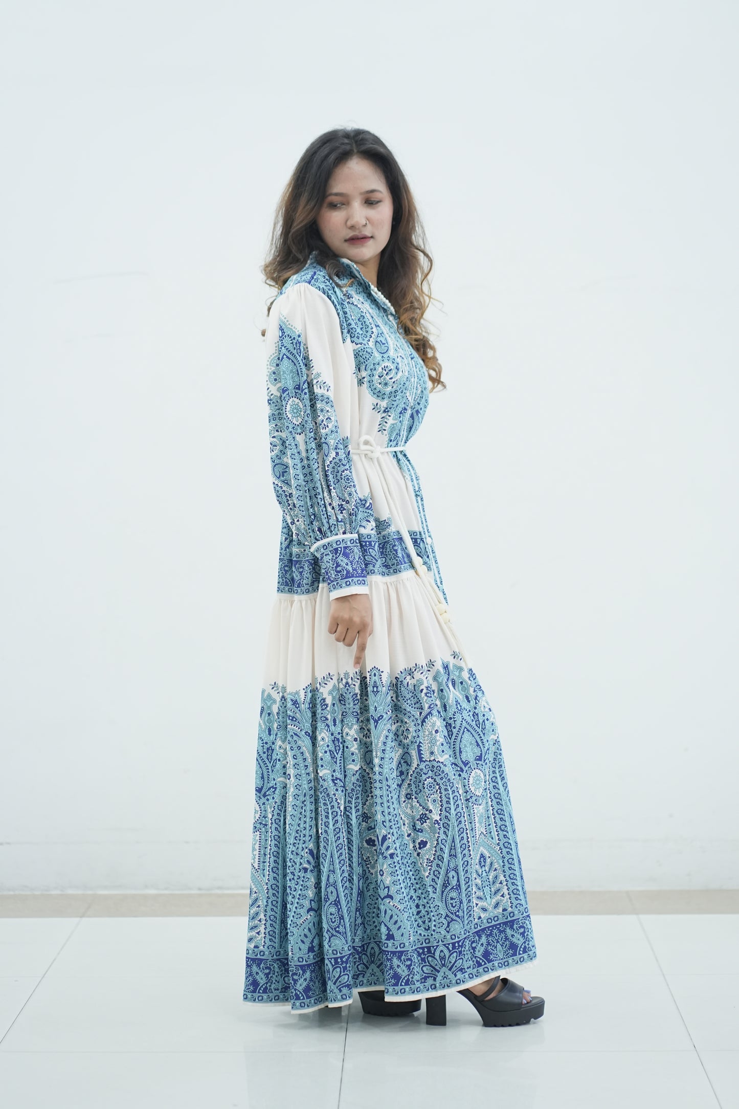 Elegant Floral Printed Lantern Sleeve Long Dress