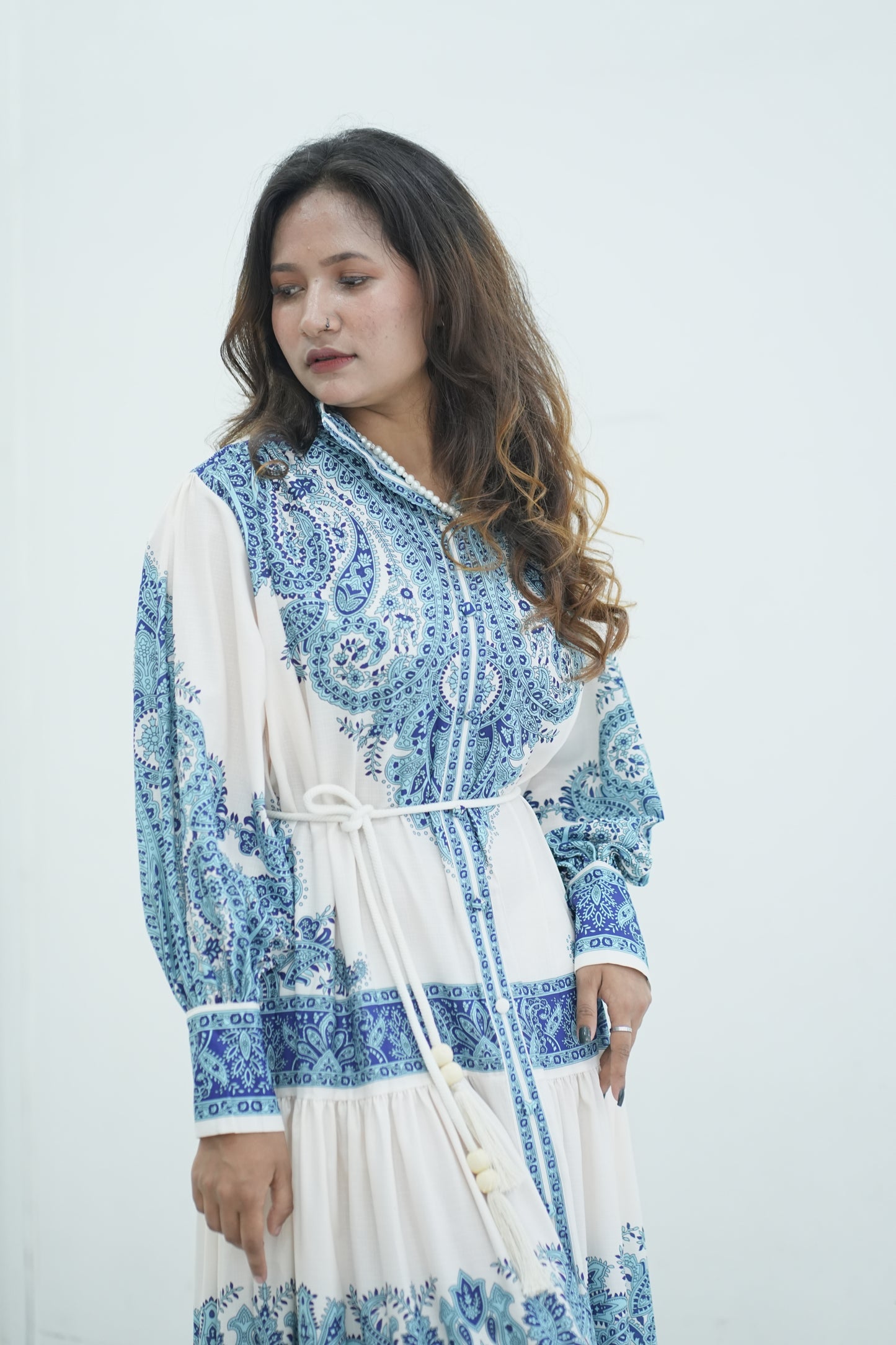 Elegant Floral Printed Lantern Sleeve Long Dress