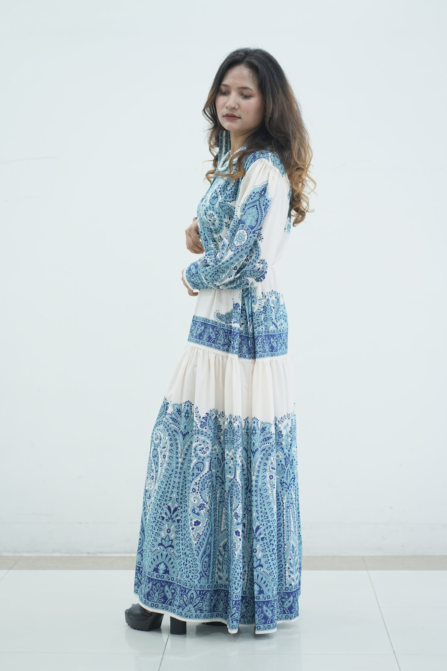 Elegant Floral Printed Lantern Sleeve Long Dress