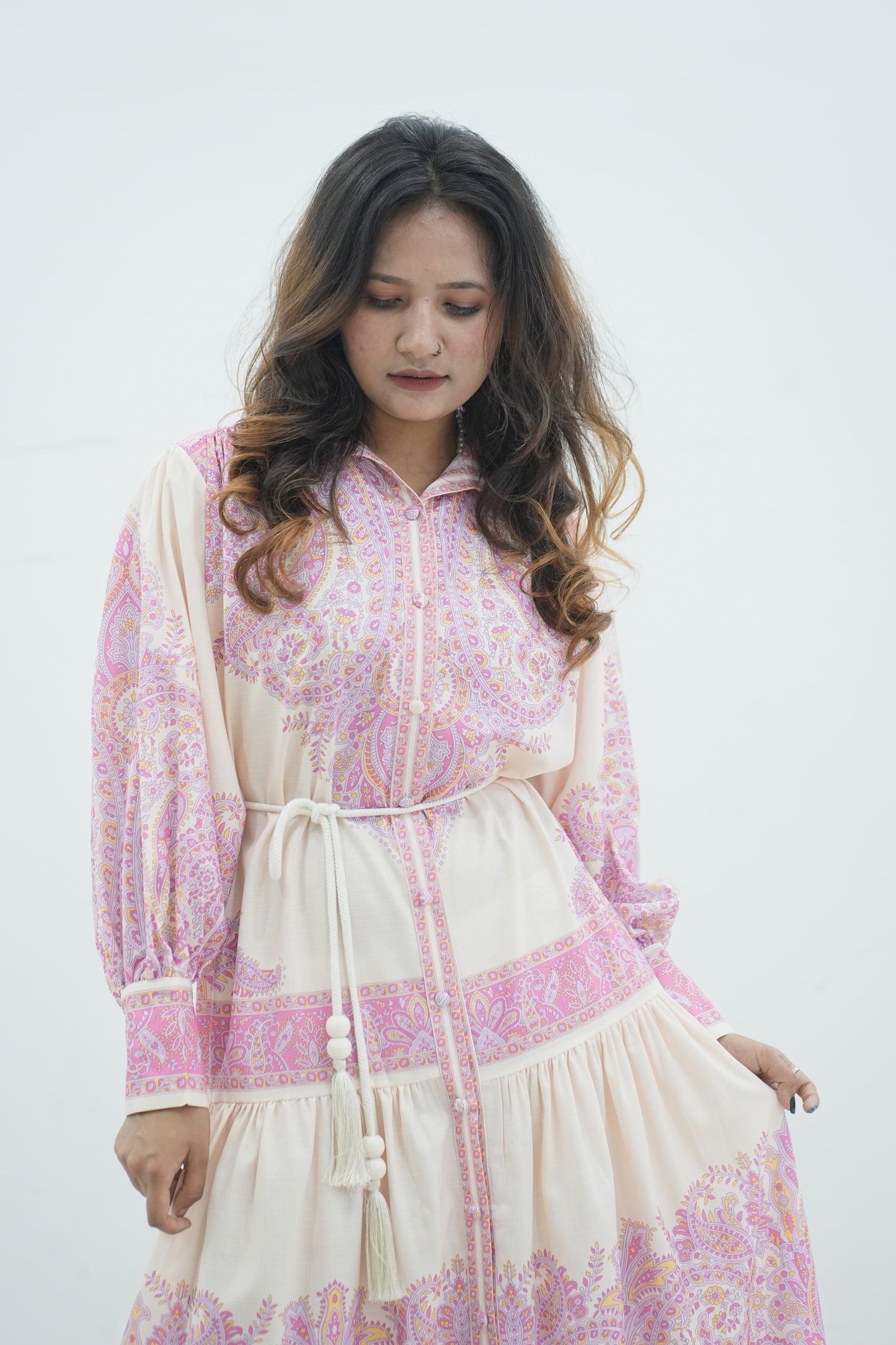 Elegant Floral Printed Lantern Sleeve Long Dress