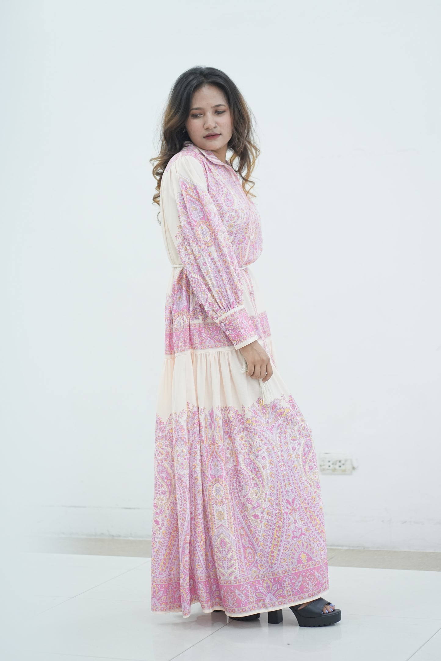 Elegant Floral Printed Lantern Sleeve Long Dress