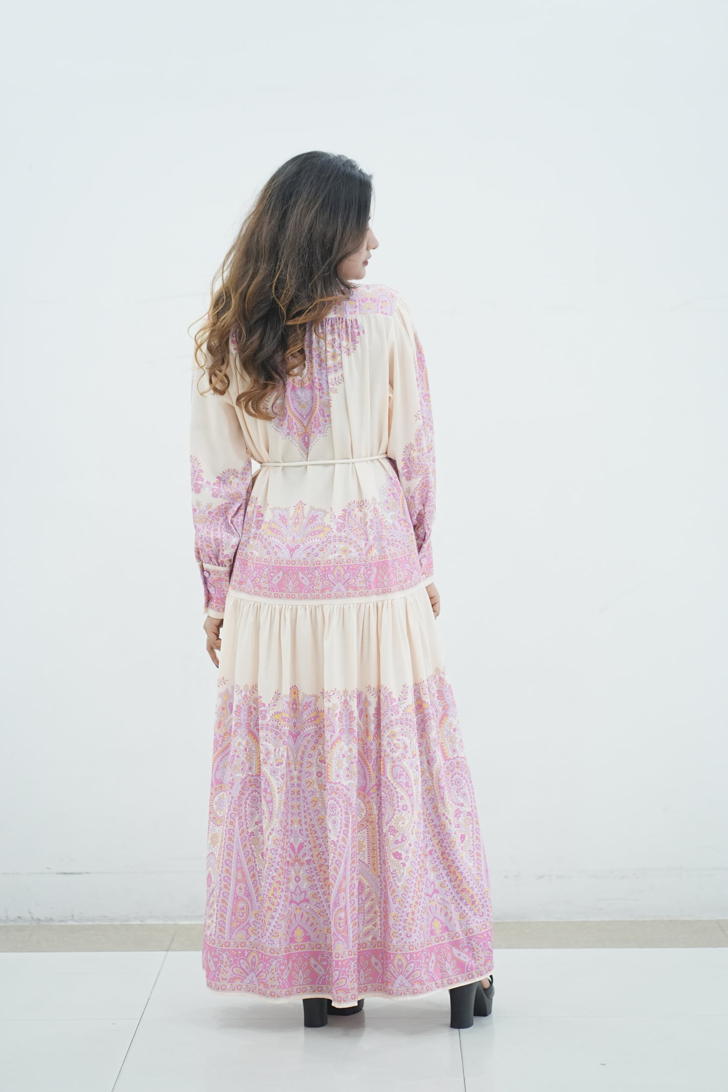 Elegant Floral Printed Lantern Sleeve Long Dress