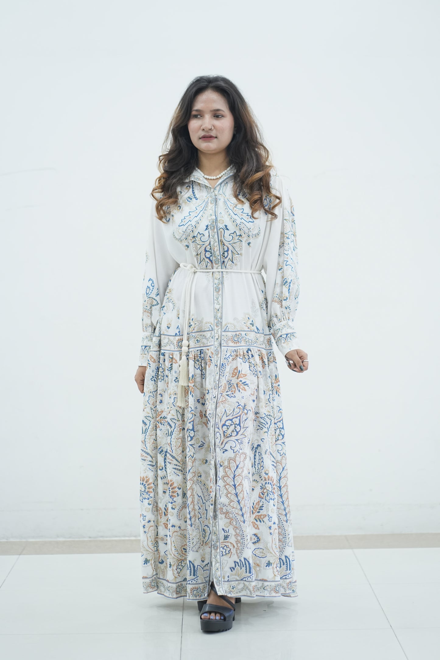 Elegant Floral Printed Lantern Sleeve Long Dress