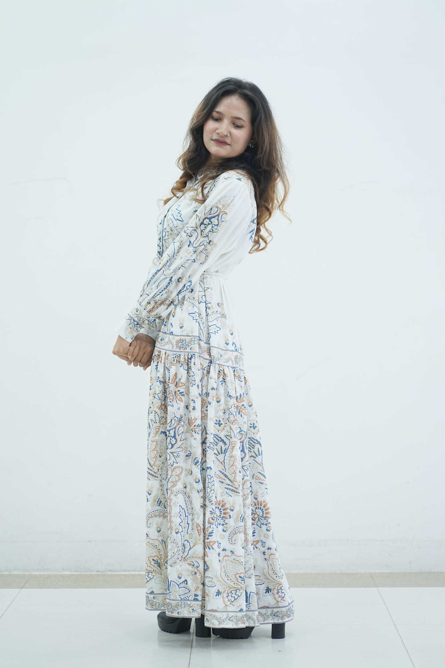 Elegant Floral Printed Lantern Sleeve Long Dress