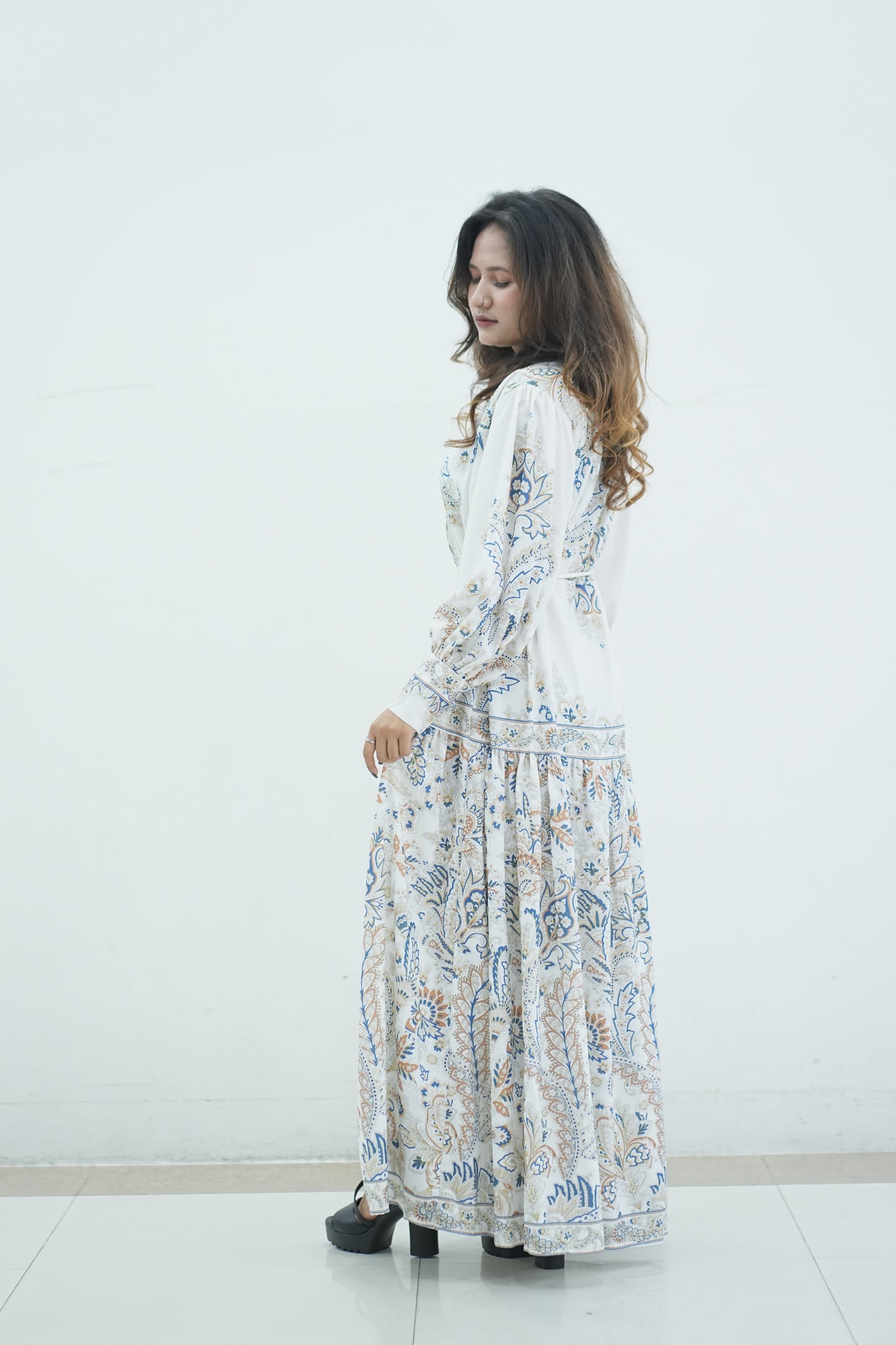 Elegant Floral Printed Lantern Sleeve Long Dress