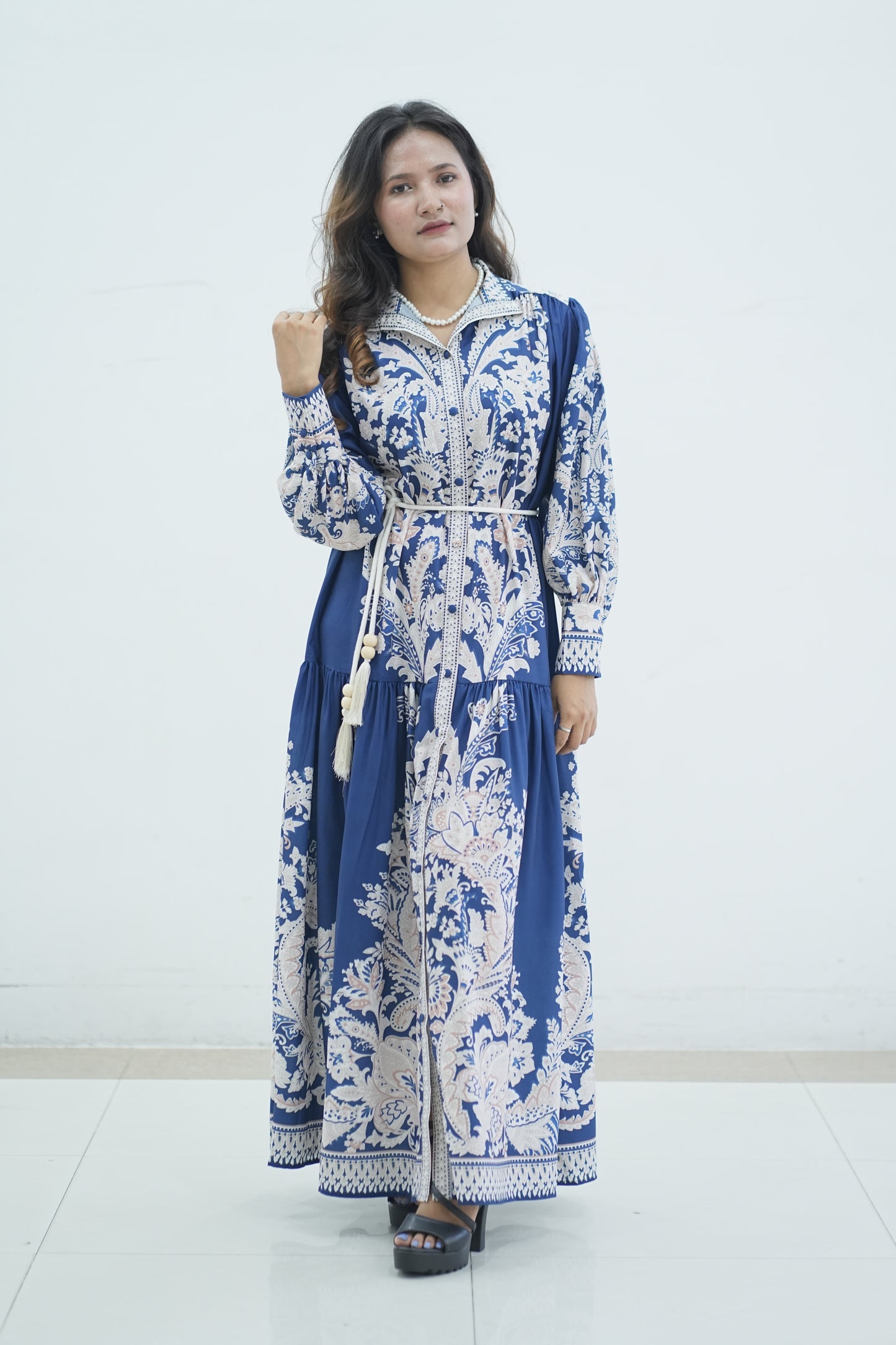 Elegant Floral Printed Lantern Sleeve Long Dress