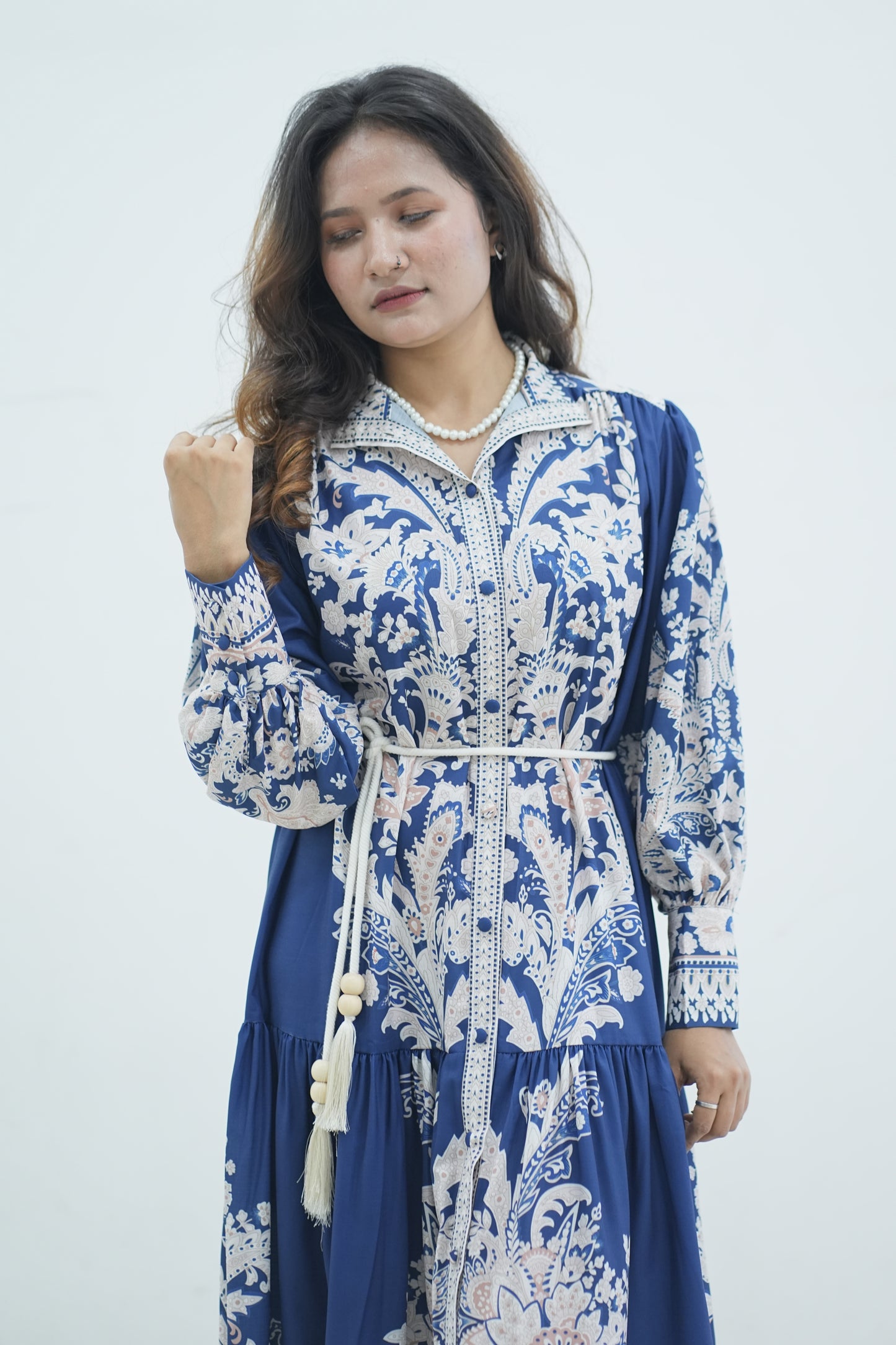 Elegant Floral Printed Lantern Sleeve Long Dress