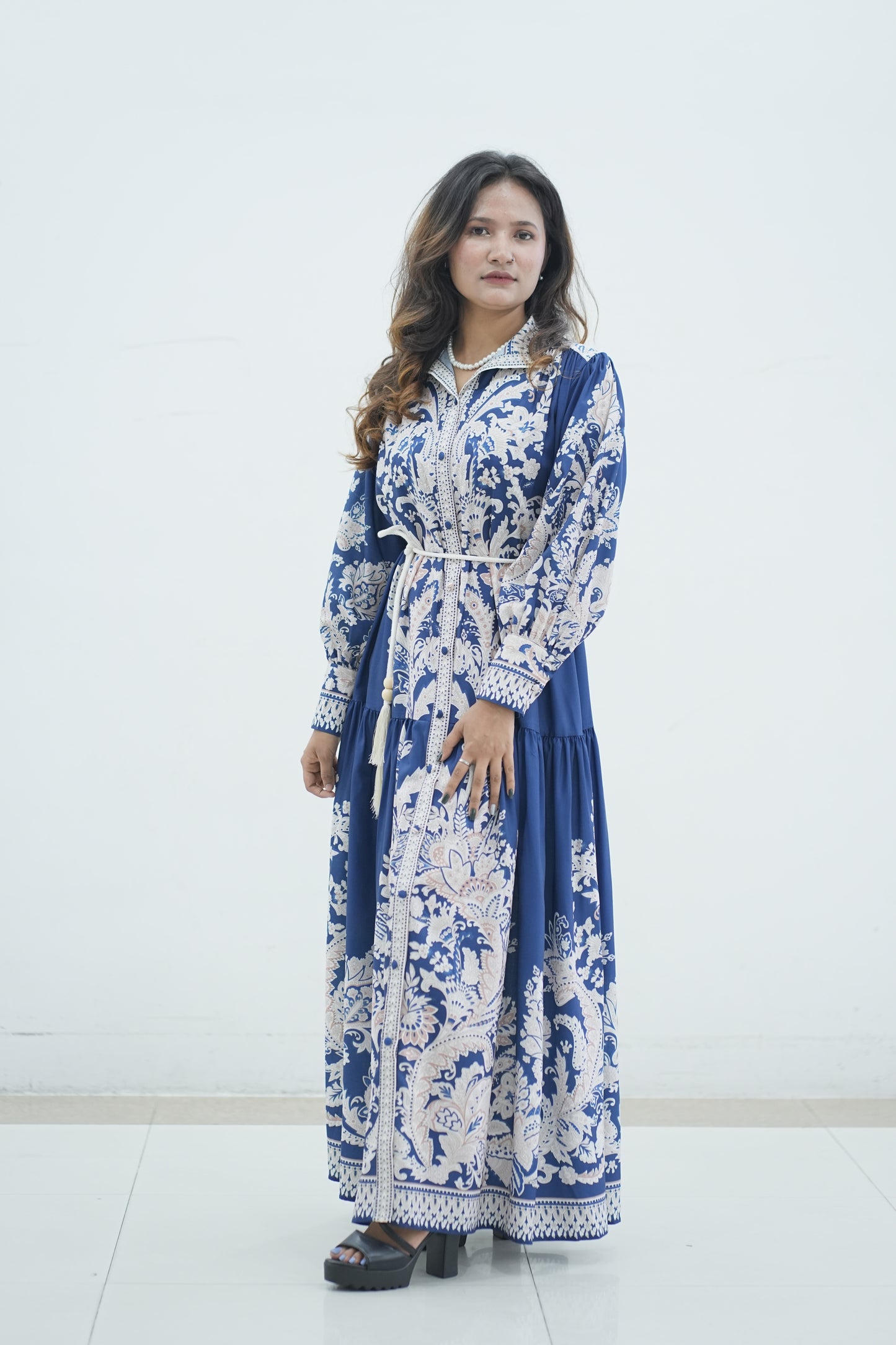 Elegant Floral Printed Lantern Sleeve Long Dress