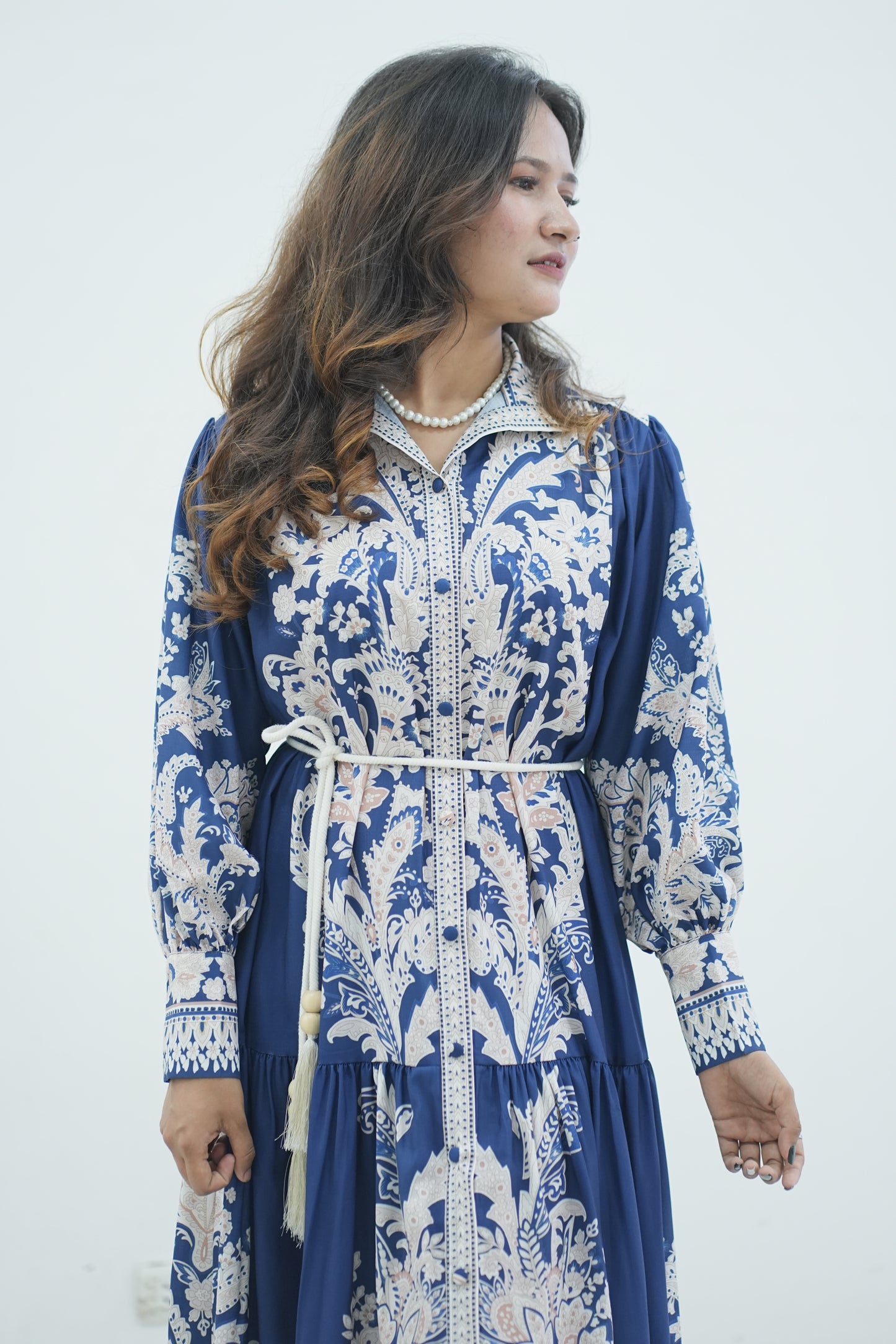 Elegant Floral Printed Lantern Sleeve Long Dress