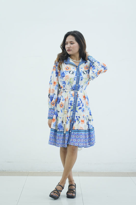 Floral Print Mini Dress w Mandarin Collar