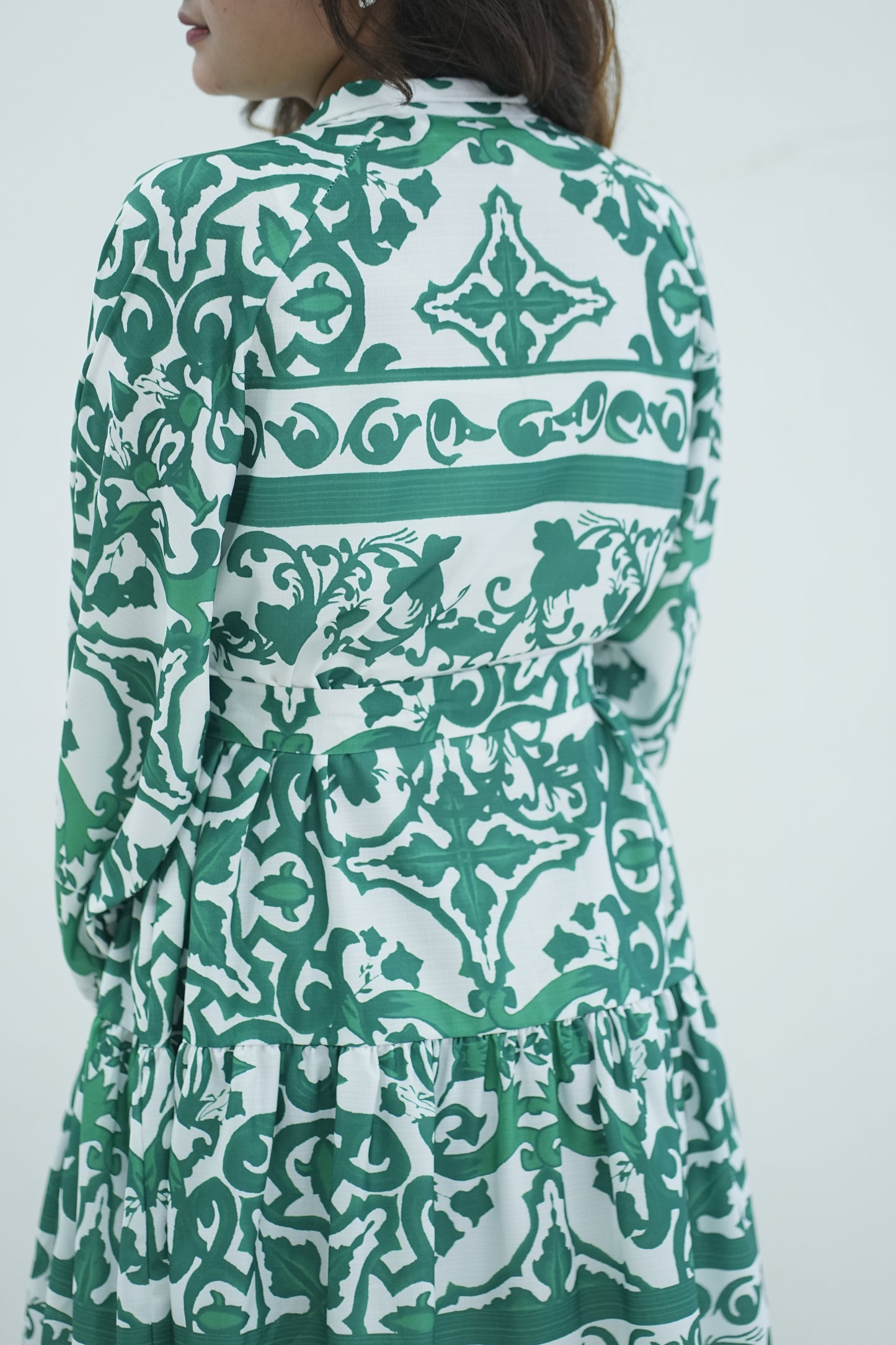 Floral Midi Dress w Stand Collar Green & White