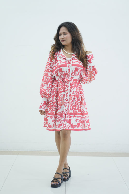 Floral Midi Dress w Stand Collar Red & White