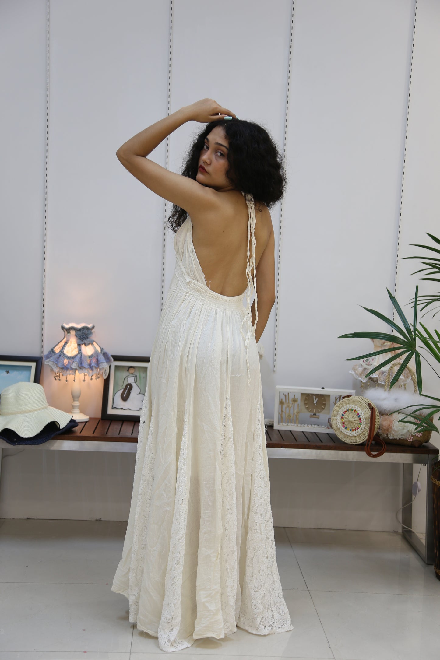 Boho Backless Lace Trim Maxi-Dress