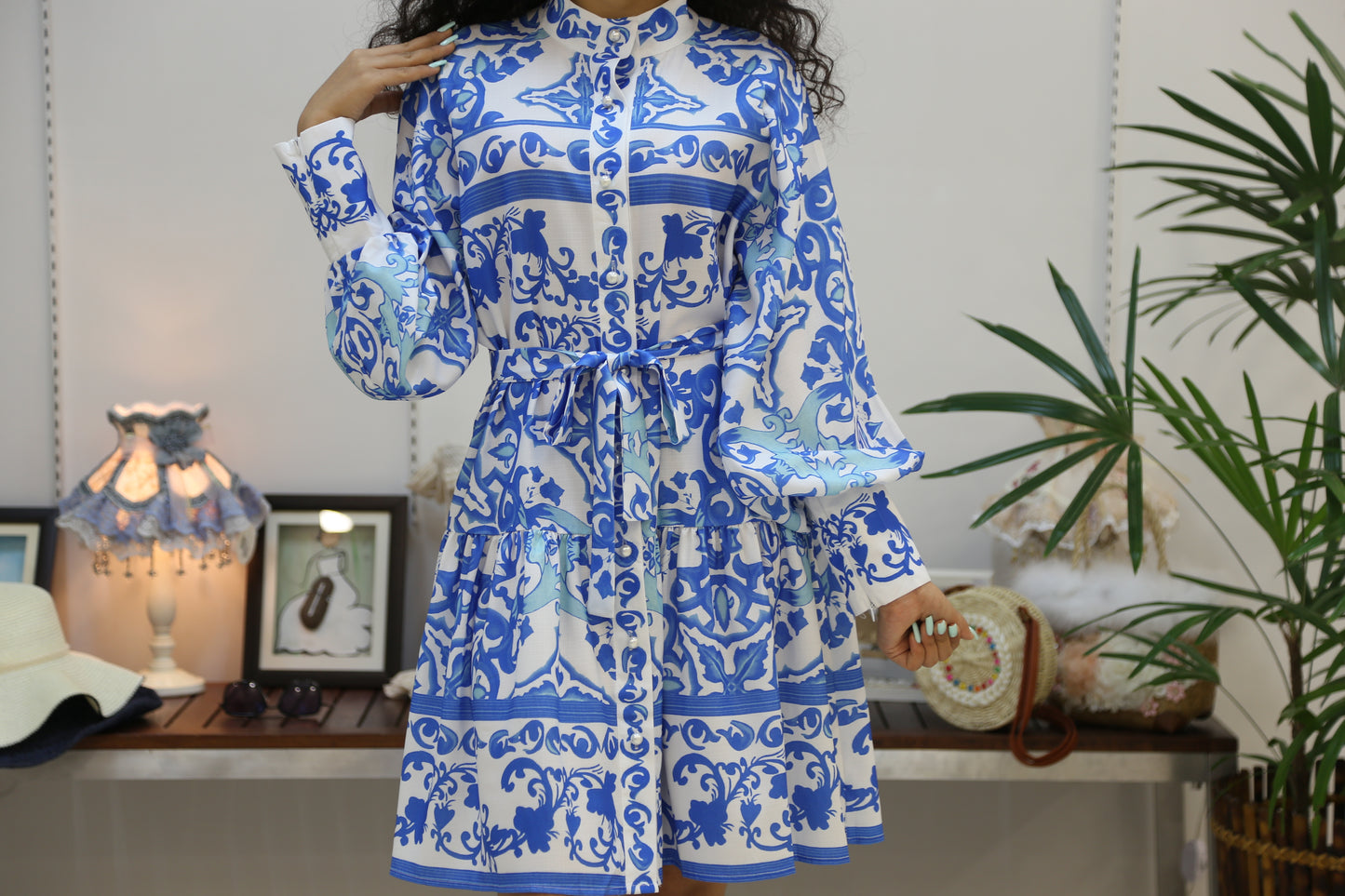 Floral Midi Dress w Stand Collar Blue & White